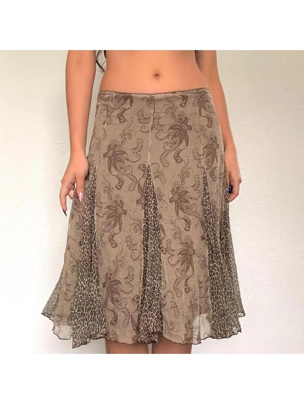 Brown silk midi skirt with floral and leopard mixed prints - Picture 1 of 8